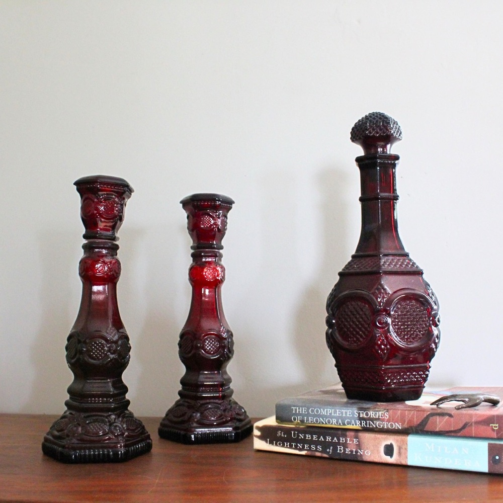 Vintage Avon 1876 Cape Cod Collection – Wine Decanter & Two Tall Candlesticks